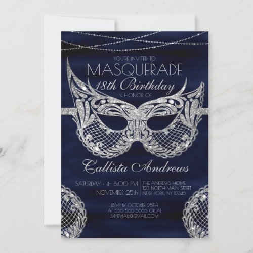 Navy Blue Silver Glitter Lace Masquerade Birthday Invitation