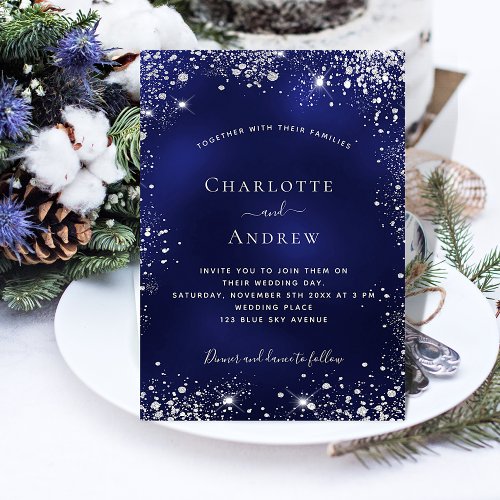 Navy blue silver glitter luxury wedding invitation