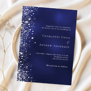Navy blue silver glitter luxury wedding invitation