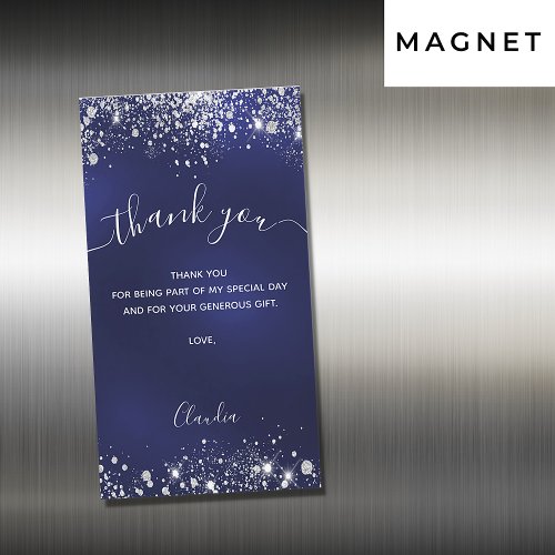 Navy blue silver glitter magnet thank you card