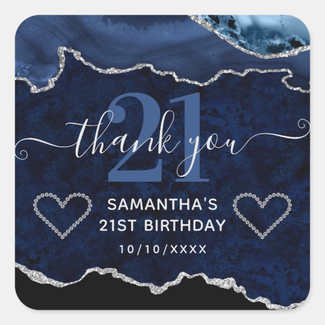 Navy Blue & Silver Glitter Marble Agate Birthday Square Sticker (Front)