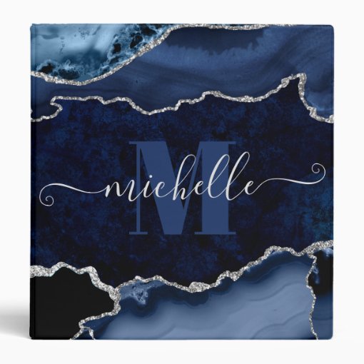 Navy Blue & Silver Glitter Marble Agate Monogram 3 Ring Binder | Zazzle