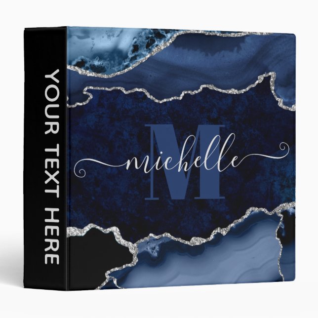 Navy Blue & Silver Glitter Marble Agate Monogram 3 Ring Binder (Front/Spine)