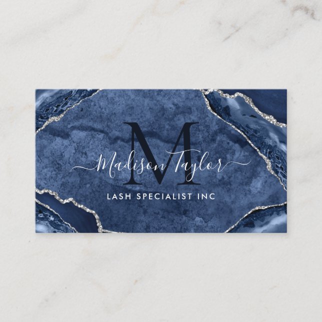 Navy Blue Silver Glitter Marble Agate Monogram Business Card (Front)