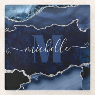 Navy Blue & Silver Glitter Marble Agate Monogram Glass Coaster