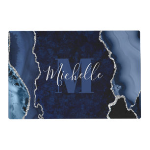Navy Blue & Silver Glitter Marble Agate Monogram Placemat