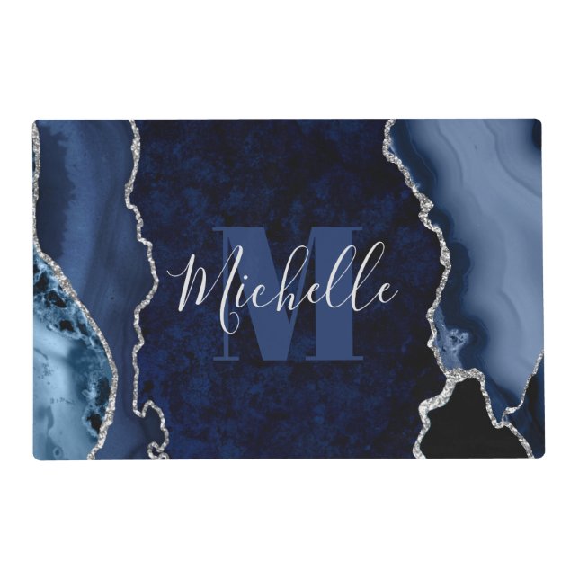 Navy Blue & Silver Glitter Marble Agate Monogram Placemat (Front)