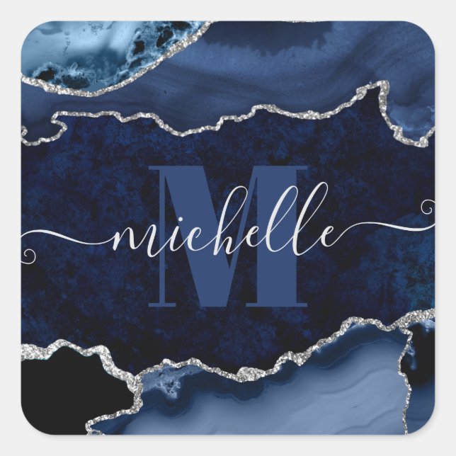 Navy Blue & Silver Glitter Marble Agate Monogram Square Sticker (Front)