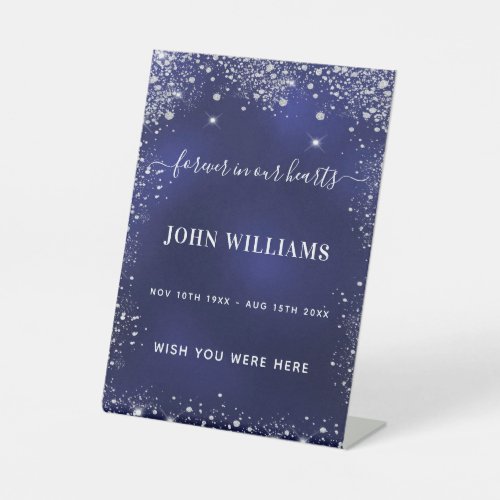 Navy blue silver glitter memorial pedestal sign