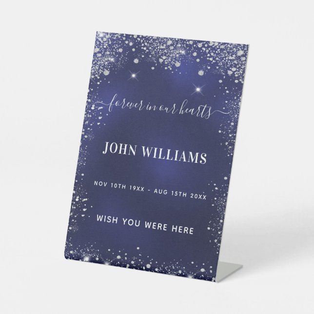 Navy blue silver glitter memorial pedestal sign (Front)