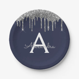 Navy Blue Silver Glitter Monogram Birthday Paper Plates