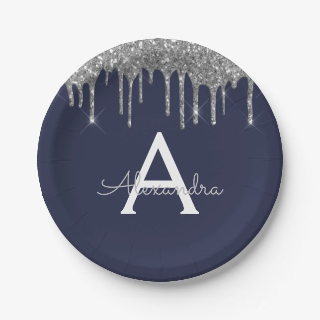 Navy Blue Silver Glitter Monogram Birthday Paper Plates (Front)