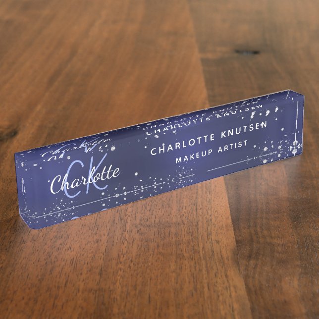 Navy blue silver glitter monogram desk name plate (Side)