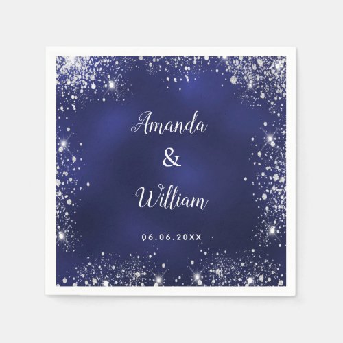 Navy blue silver glitter monogram wedding napkins