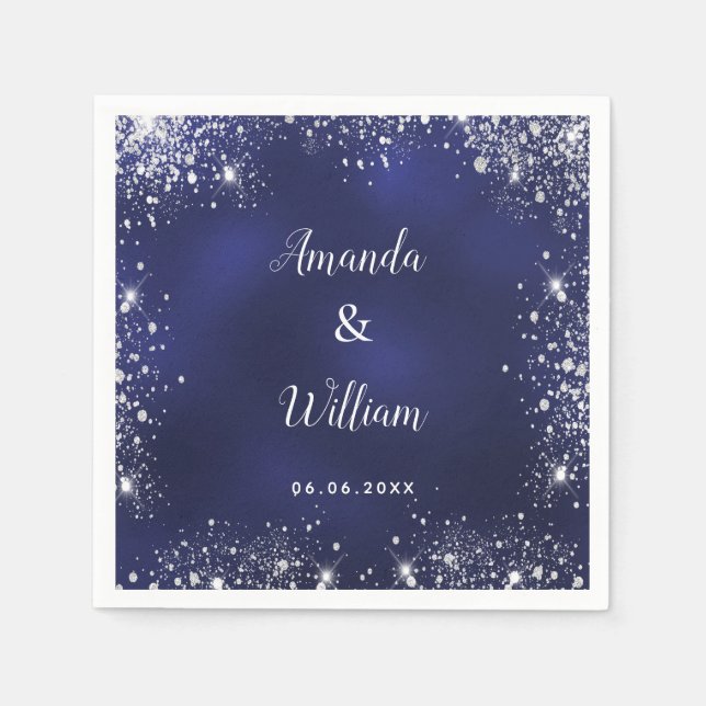 Navy blue silver glitter monogram wedding napkins (Front)