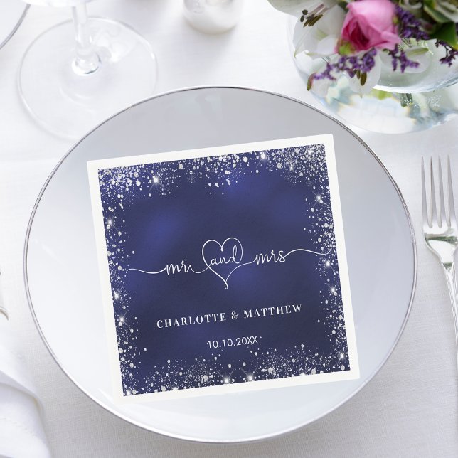 Navy blue silver glitter mr mrs heart wedding napkins (Creator Uploaded)