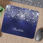 Navy blue silver glitter name script mouse pad<br><div class="desc">A blue background. The blue color is uneven. Decorted with faux glitter dust. Personalize and add a name,  written with a modern hand lettered style script.</div>