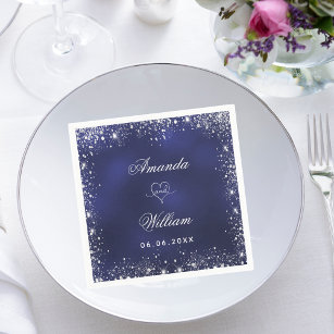 Navy blue silver glitter names heart wedding napkins
