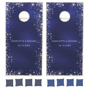 Navy blue silver glitter names wedding cornhole set