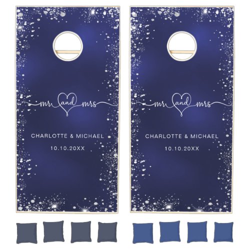 Navy blue silver glitter names wedding mr mrs cornhole set