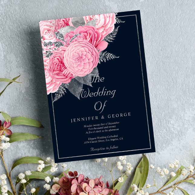Navy blue silver glitter pink floral wedding invitation (Navy blue silver glitter pink floral wedding)