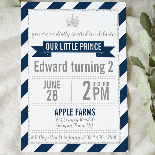 Navy Blue Silver Glitter Prince Birthday Invite (Creator Uploaded)