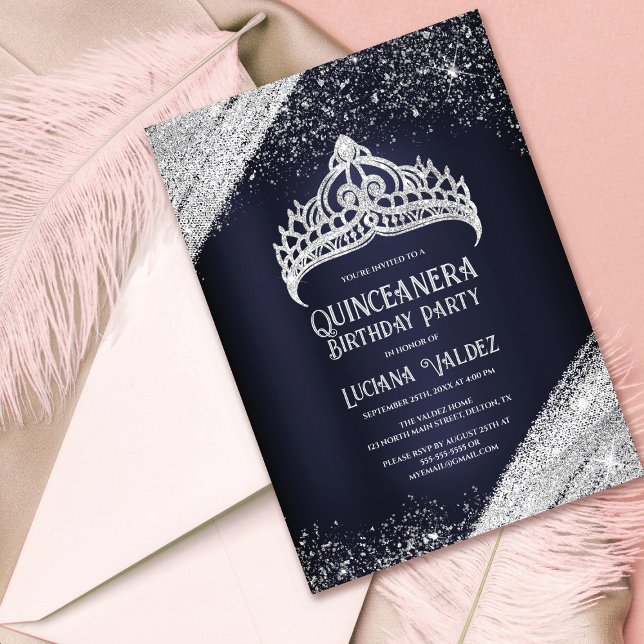 Navy Blue Silver Glitter Princess Tiara Quinceañer Invitation (Creator Uploaded)