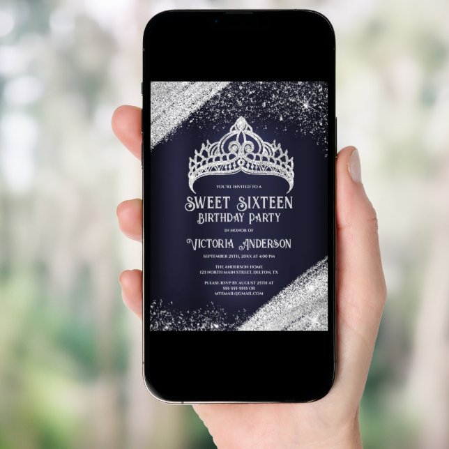 Navy Blue Silver Glitter Princess Tiara Sweet 16 I Invitation (Front Digital)