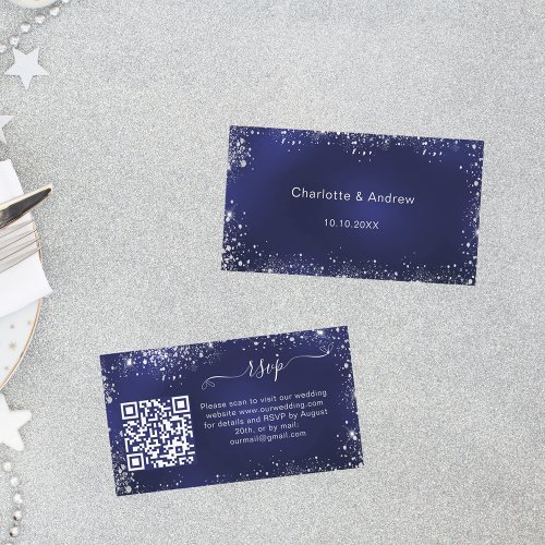 Navy blue silver glitter QR code RSVP Enclosure Card