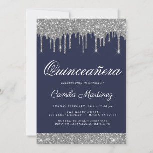 Navy Blue Silver Glitter Quinceañera Celebration Invitation