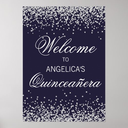 Navy Blue Silver Glitter Quinceaera Welcome Poster
