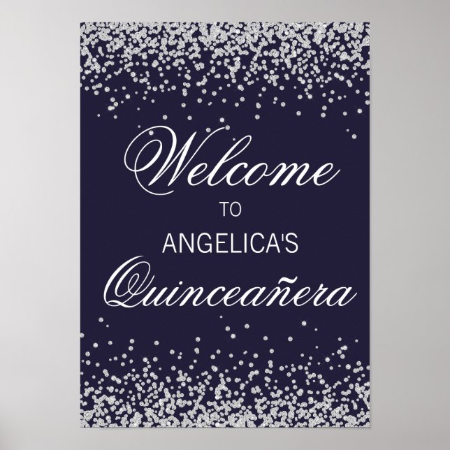 Navy Blue Silver Glitter Quinceañera Welcome Poster (Front)