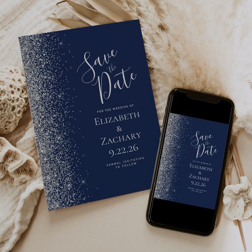 Navy Blue Silver Glitter Save the Date Announcement