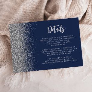 Navy Blue Silver Glitter Script Wedding Details Enclosure Card