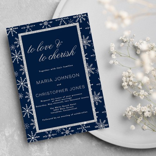 Navy blue silver glitter snowflake winter Wedding Invitation