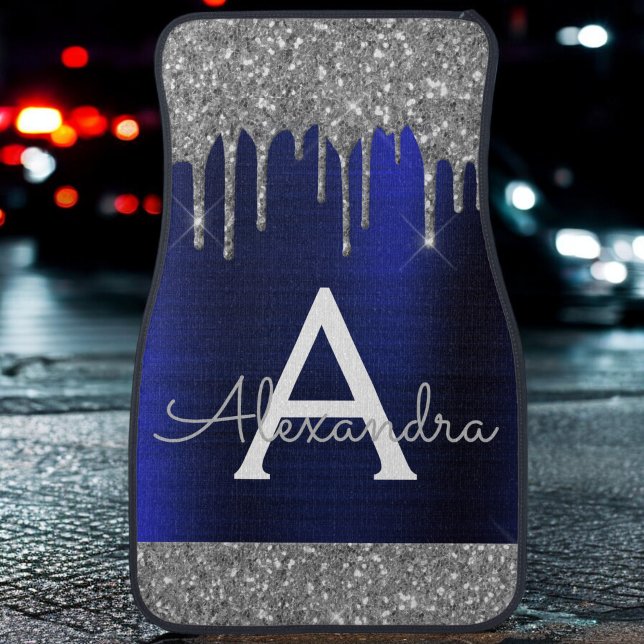 Navy Blue Silver Glitter Sparkle Monogram Car Floo Car Floor Mat (Creator Uploaded)