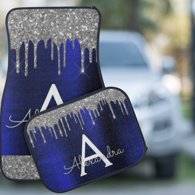 Navy Blue Silver Glitter Sparkle Monogram Car Floor Mat (Creator Uploaded)