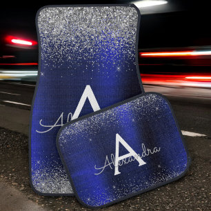 Navy Blue Silver Glitter Sparkle Monogram Car Floor Mat