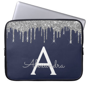 Navy Blue Silver Glitter Sparkle Monogram Laptop Sleeve
