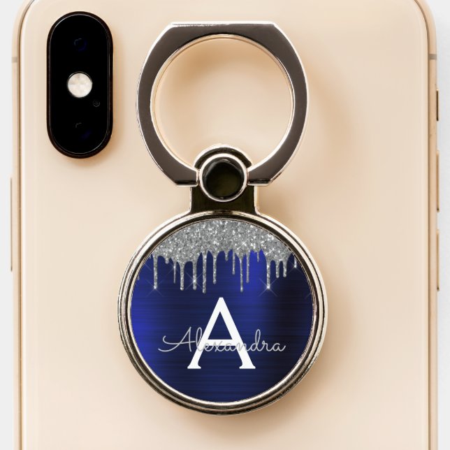 Navy Blue Silver Glitter Sparkle Monogram Phone Ring Stand (Close Up)