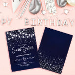 Navy Blue Silver Glitter Sparkles Lights Sweet 16 Invitation<br><div class="desc">This majestic and glamorous sweet sixteen birthday party invitation is perfect for the girly girl. It features glowing hanging light strands on top of faux printed silver sparkly glitter confetti on a navy blue abstract background inspired by stars in the night sky. It's pretty, chic, modern, trendy, and cool; the...</div>