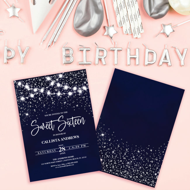 Navy Blue Silver Glitter Sparkles Lights Sweet 16 Invitation