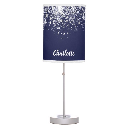 Navy blue silver glitter sparkles name table lamp (Front)