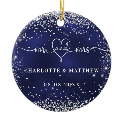 Navy blue silver glitter sparkles newly weds ceramic ornament