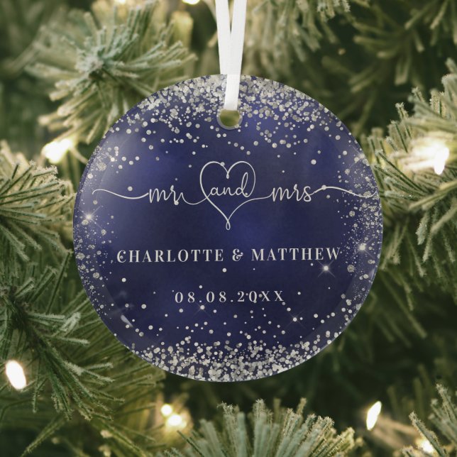 Navy blue silver glitter sparkles newly weds glass ornament (Insitu)