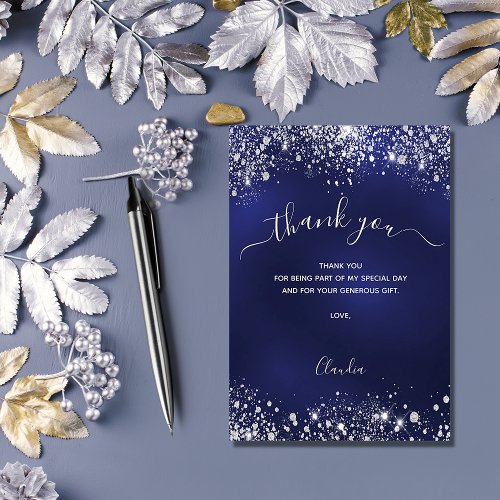 Navy blue silver glitter sparkles script thank you card