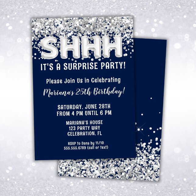 Navy Blue Silver Glitter Surprise Birthday Party Invitation (Creator Uploaded)