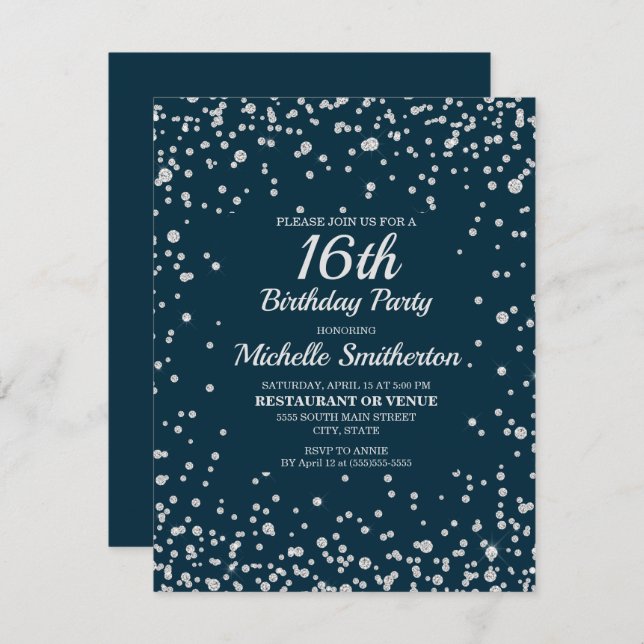 Navy Blue Silver Glitter Sweet 16 Birthday Card (Front/Back)