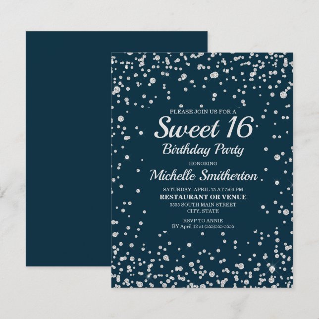 Navy Blue Silver Glitter Sweet 16 Birthday Card (Front/Back)