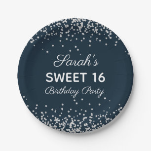 Navy Blue Silver Glitter Sweet 16 Birthday Party Paper Plates